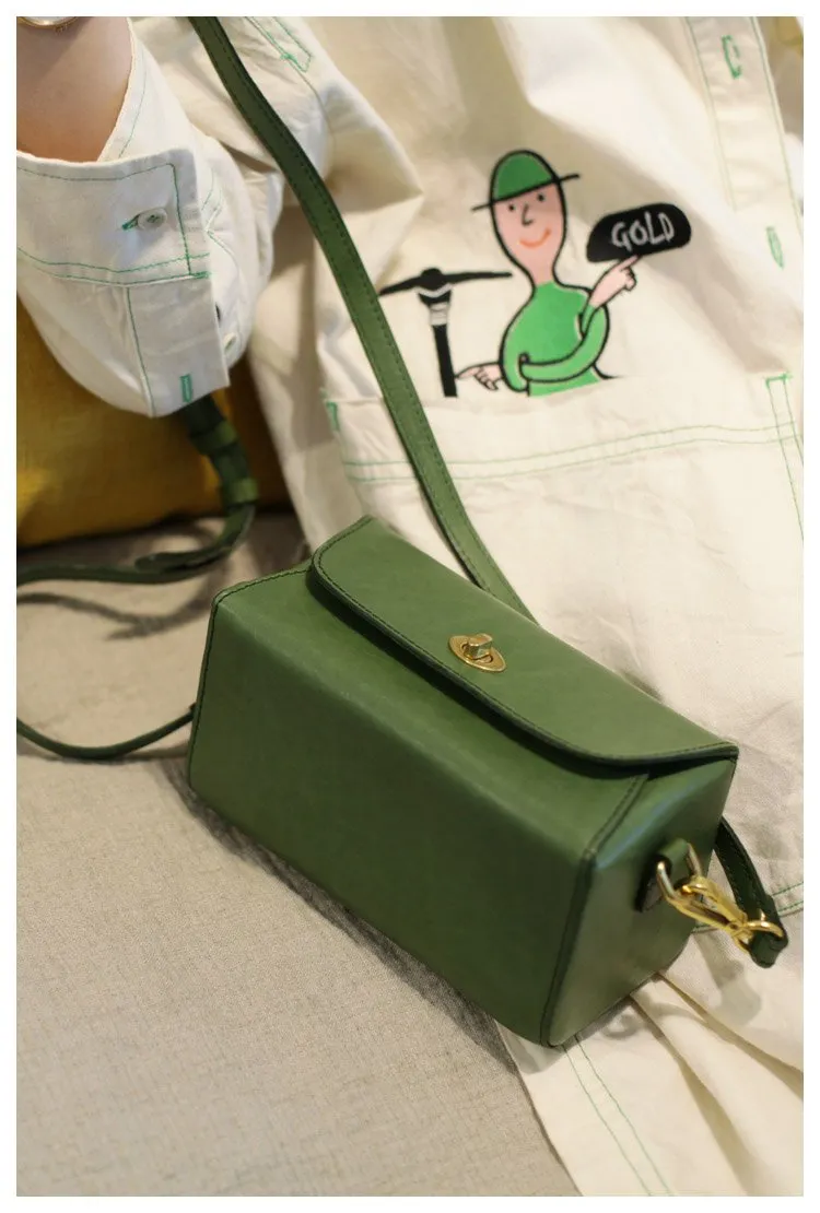 Fashion Womens Tan Leather Mini Cube Shoulder Bag Square Green Crossbody Bag Purse for Girls