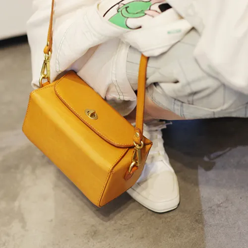 Fashion Womens Tan Leather Mini Cube Shoulder Bag Square Green Crossbody Bag Purse for Girls