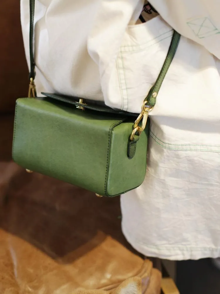 Fashion Womens Tan Leather Mini Cube Shoulder Bag Square Green Crossbody Bag Purse for Girls
