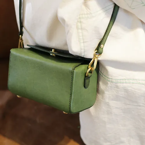 Fashion Womens Tan Leather Mini Cube Shoulder Bag Square Green Crossbody Bag Purse for Girls