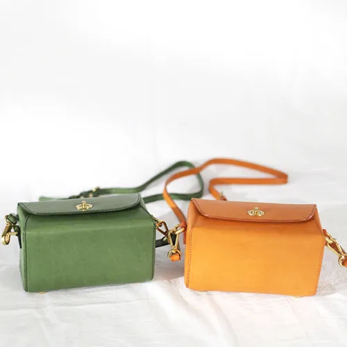 Fashion Womens Tan Leather Mini Cube Shoulder Bag Square Green Crossbody Bag Purse for Girls