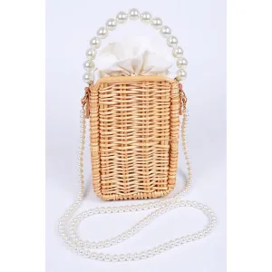 FASHNZFAB Bamboo Weaved Pearl Handle Swing Clutch Bag