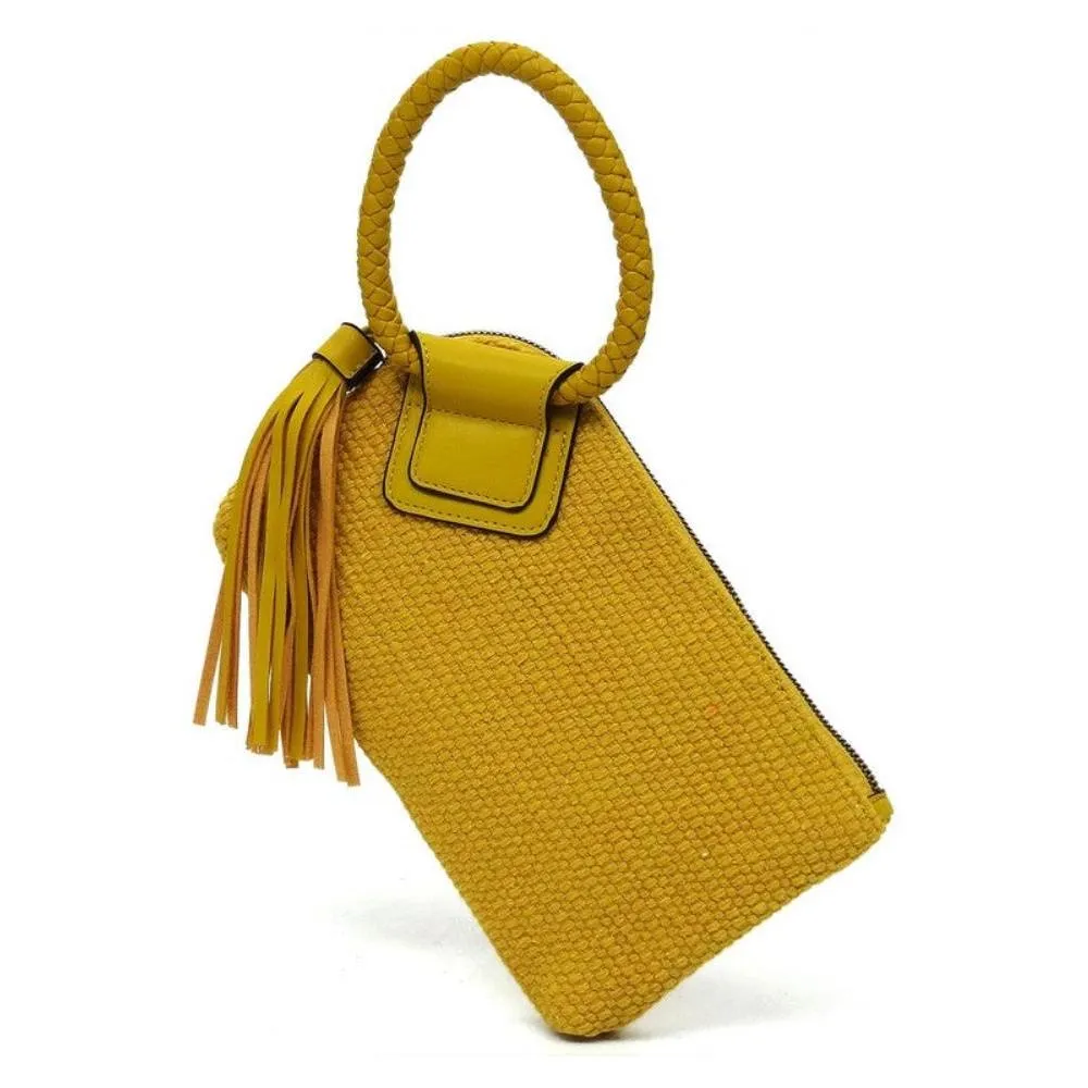 FASHNZFAB Canvas Cuff Handle Tassel Wristlet Clutch