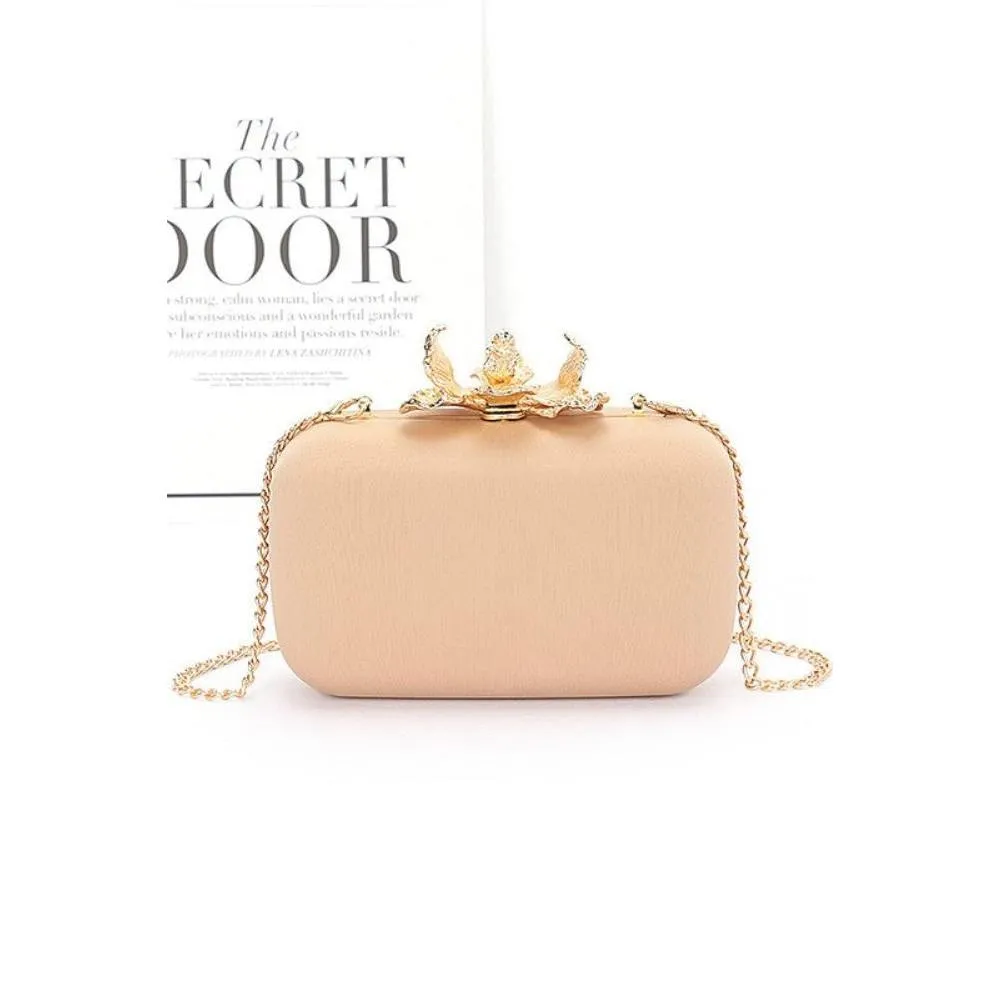 FASHNZFAB Pearl Flower Clasp Satin Box Clutch Bag