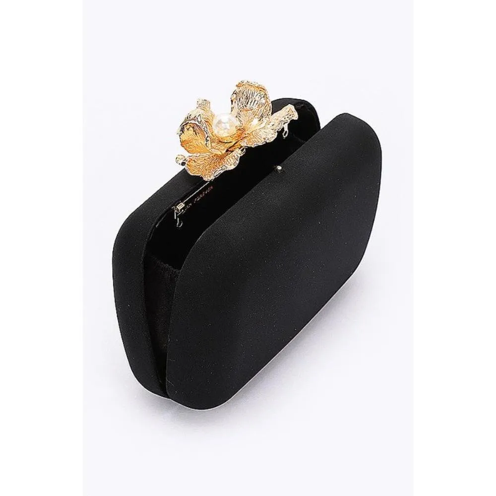 FASHNZFAB Pearl Flower Clasp Satin Box Clutch Bag