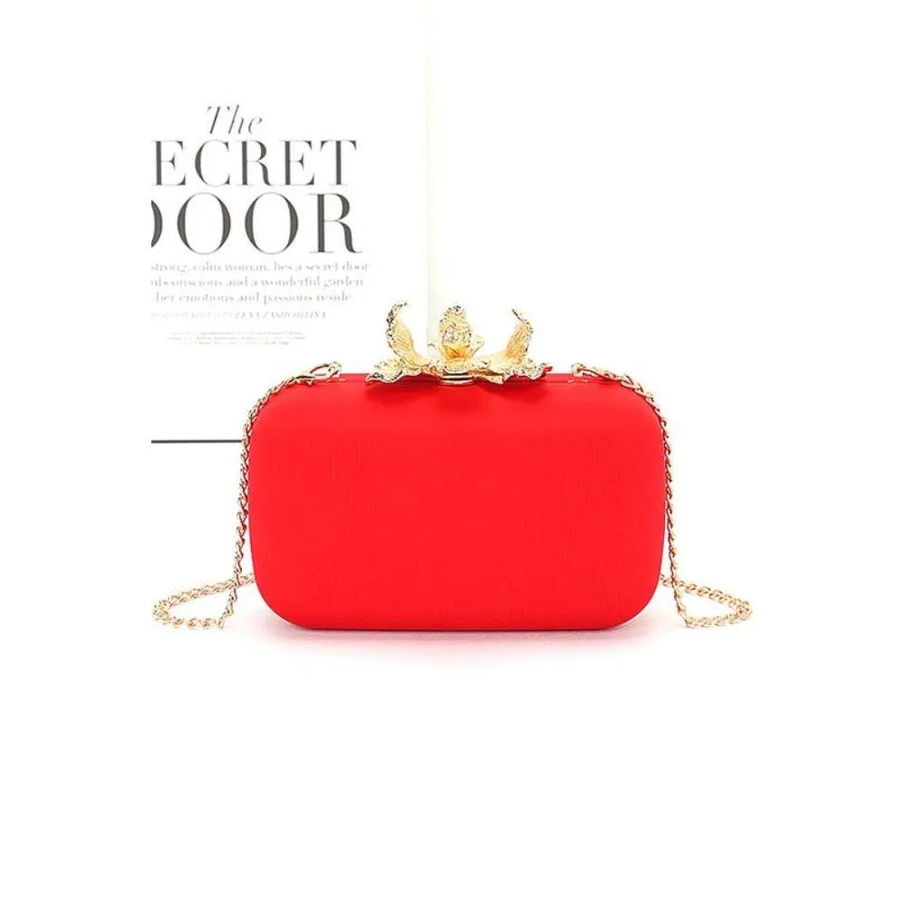 FASHNZFAB Pearl Flower Clasp Satin Box Clutch Bag