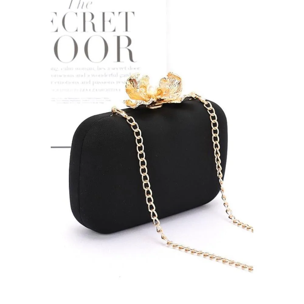 FASHNZFAB Pearl Flower Clasp Satin Box Clutch Bag