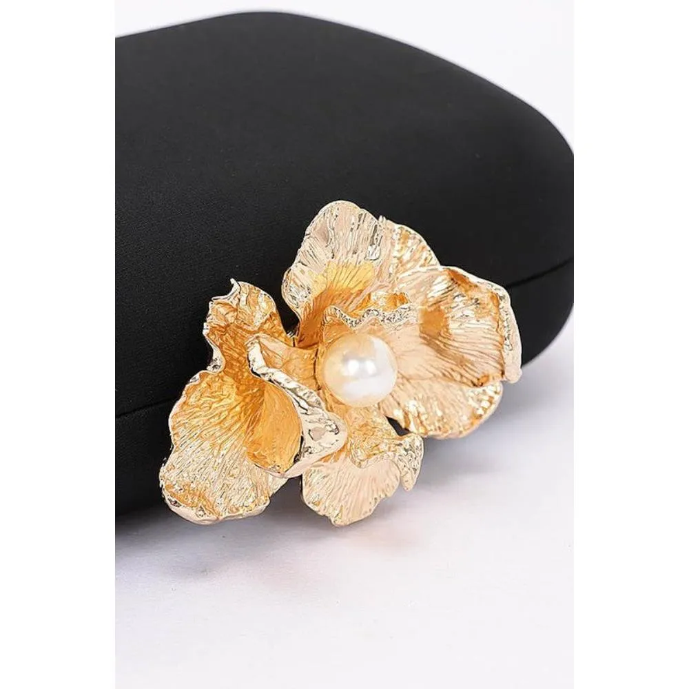 FASHNZFAB Pearl Flower Clasp Satin Box Clutch Bag