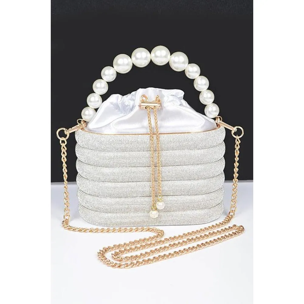 FASHNZFAB Pearl Handle Rhinestone Statement Bucket Clutch