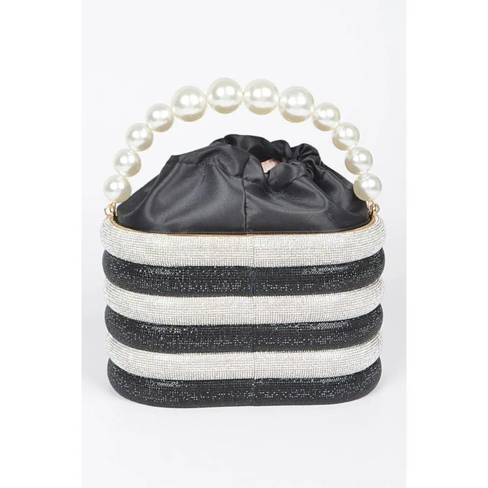 FASHNZFAB Pearl Handle Rhinestone Statement Bucket Clutch