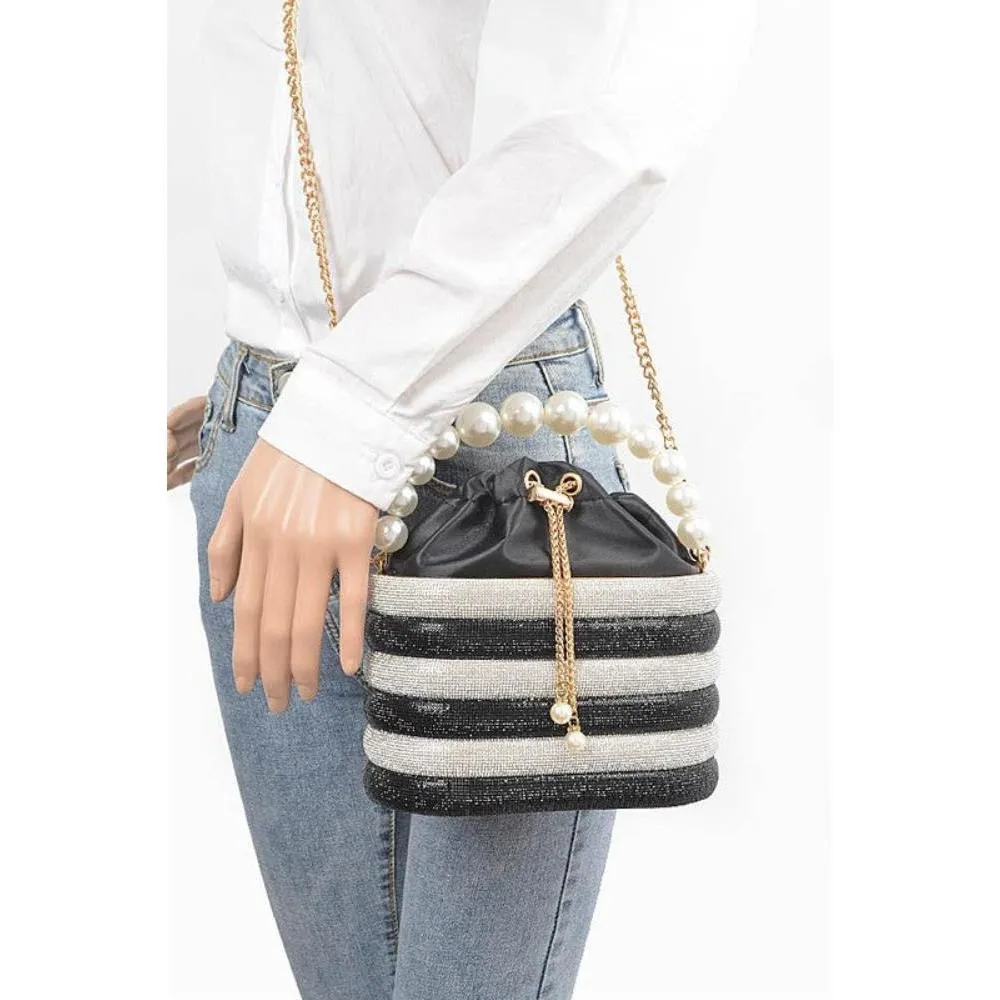 FASHNZFAB Pearl Handle Rhinestone Statement Bucket Clutch