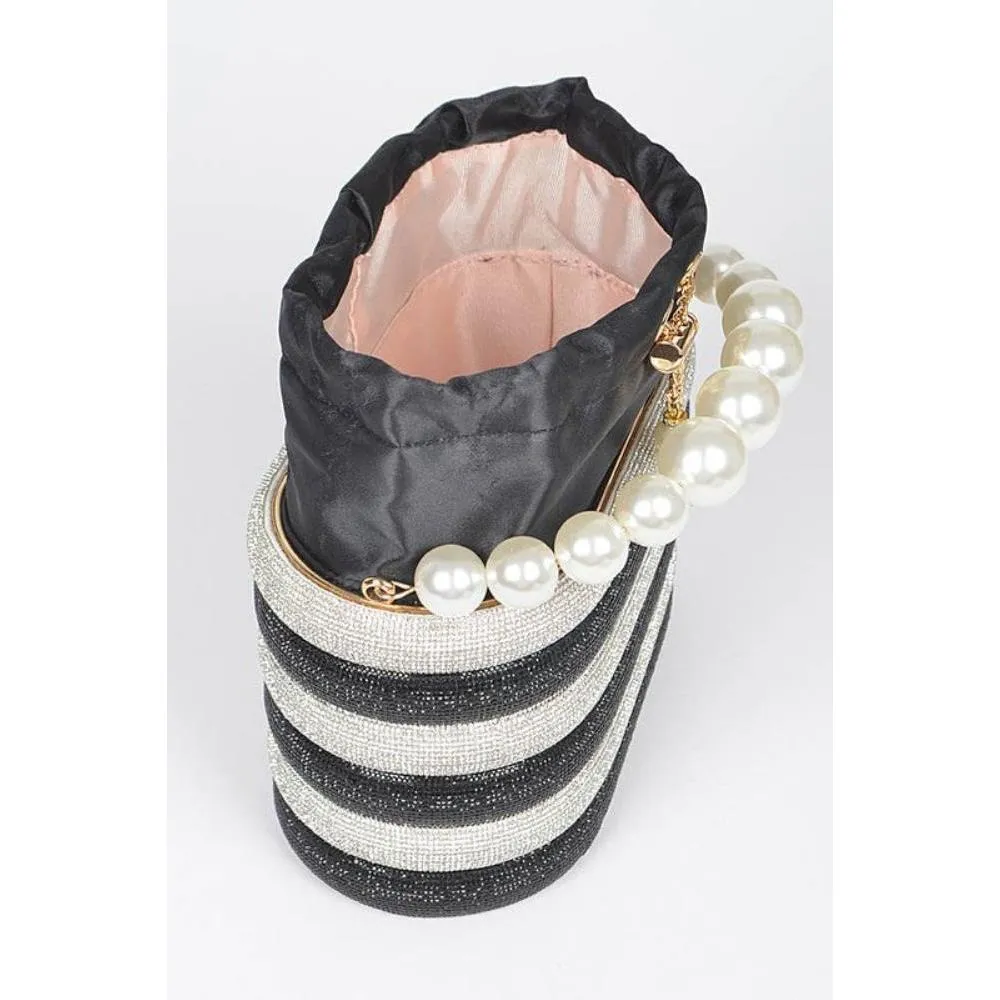FASHNZFAB Pearl Handle Rhinestone Statement Bucket Clutch