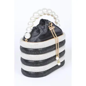 FASHNZFAB Pearl Handle Rhinestone Statement Bucket Clutch