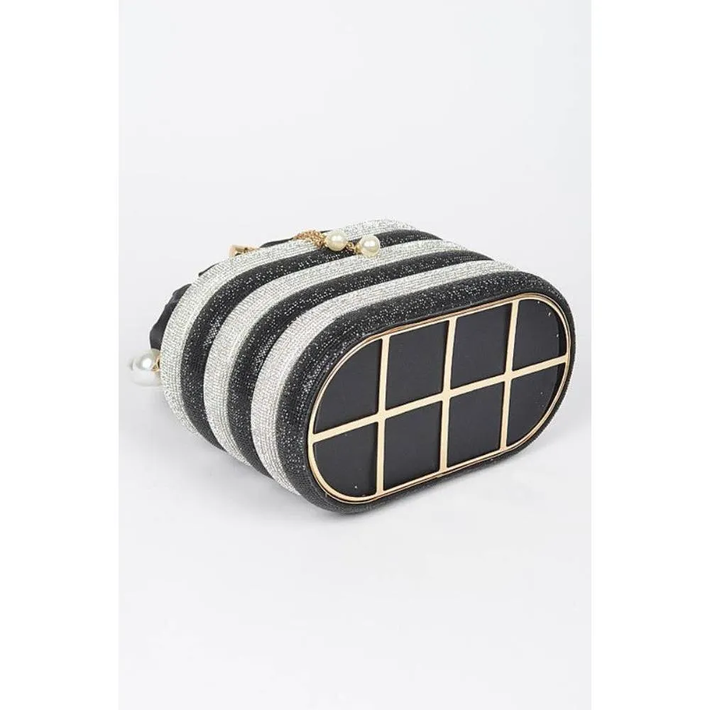 FASHNZFAB Pearl Handle Rhinestone Statement Bucket Clutch