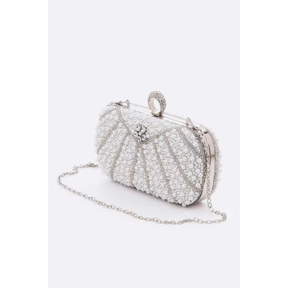 FASHNZFAB Pearl Studded Statement Bridal Box Clutch