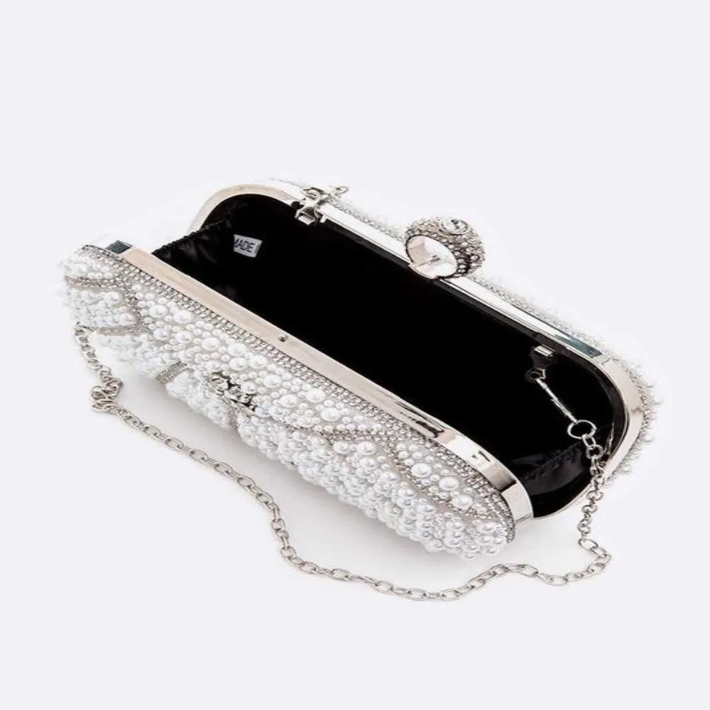FASHNZFAB Pearl Studded Statement Bridal Box Clutch