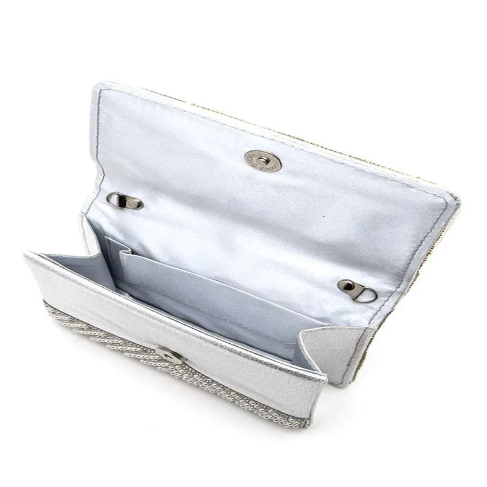 FASHNZFAB Pearl Studs Rhinestone Handle Clutch Bag