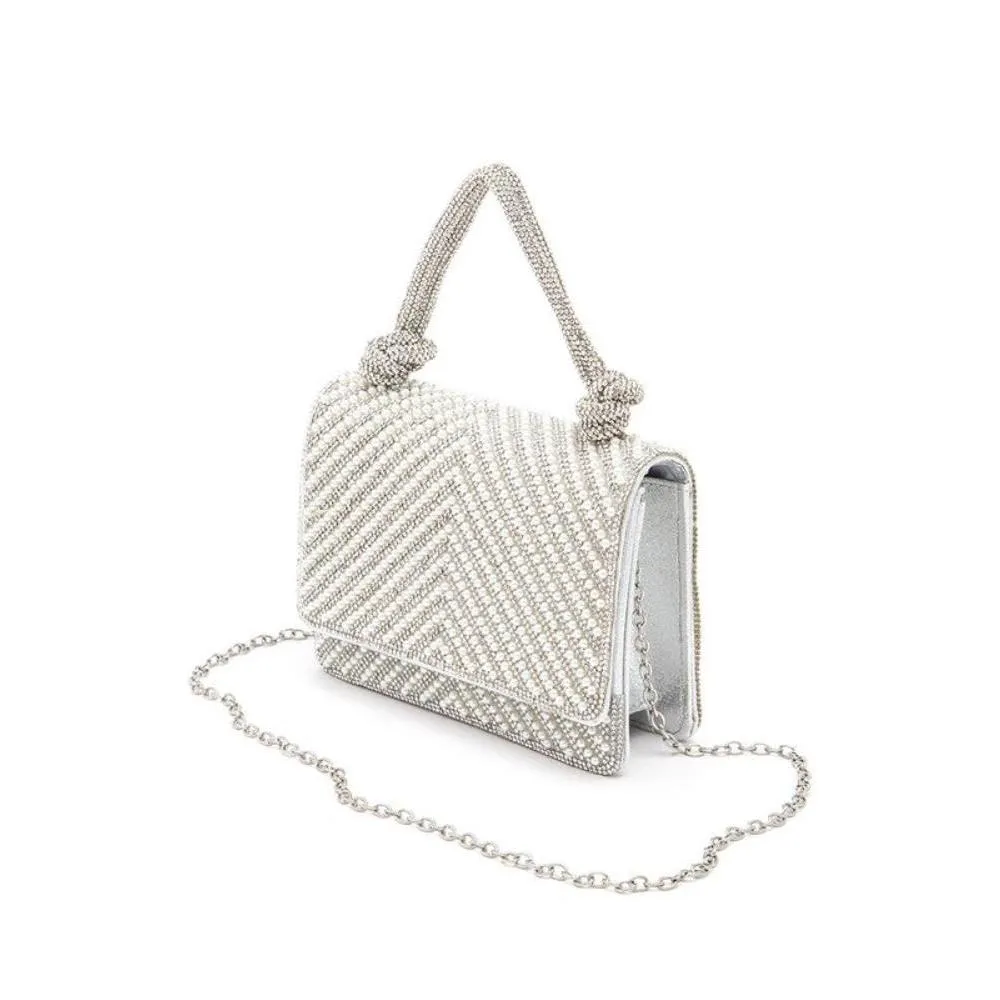 FASHNZFAB Pearl Studs Rhinestone Handle Clutch Bag
