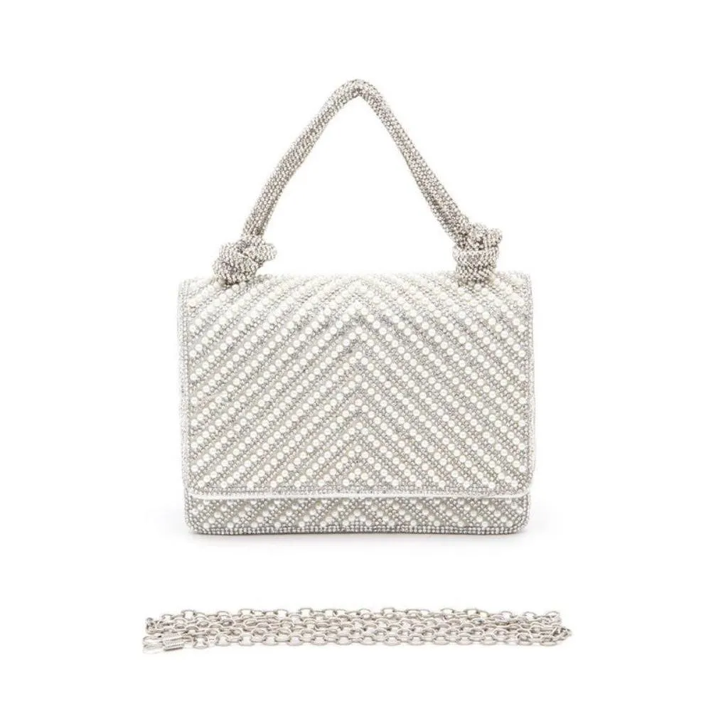 FASHNZFAB Pearl Studs Rhinestone Handle Clutch Bag