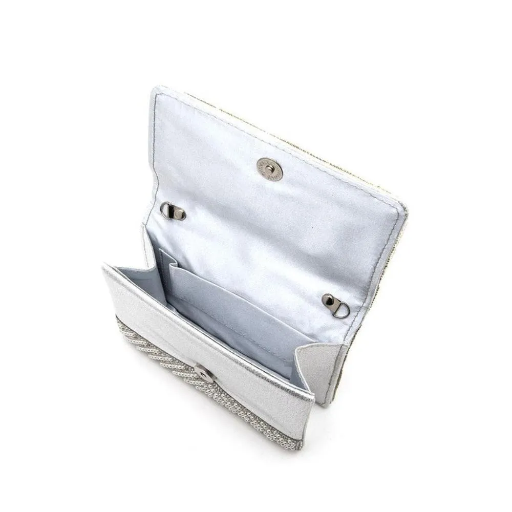 FASHNZFAB Pearl Studs Rhinestone Handle Clutch Bag