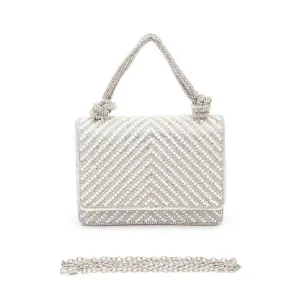 FASHNZFAB Pearl Studs Rhinestone Handle Clutch Bag