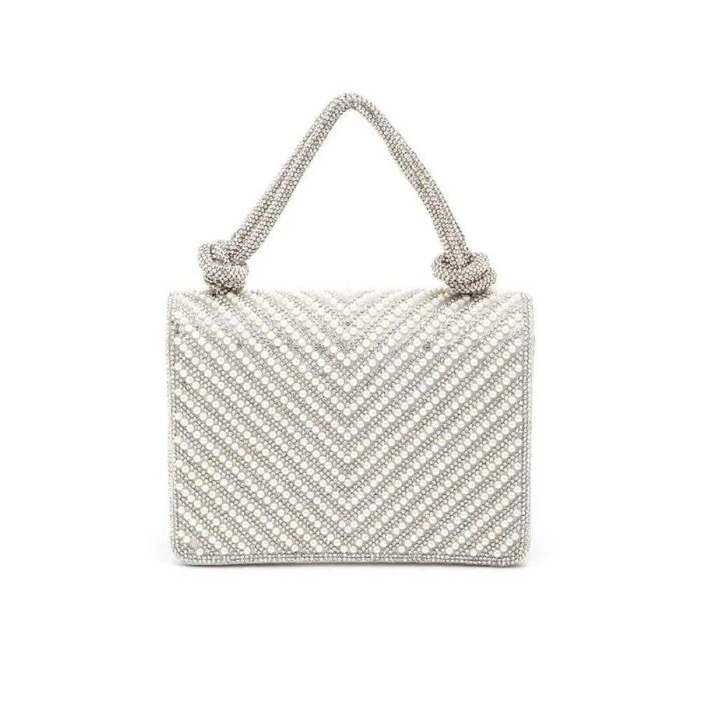 FASHNZFAB Pearl Studs Rhinestone Handle Clutch Bag