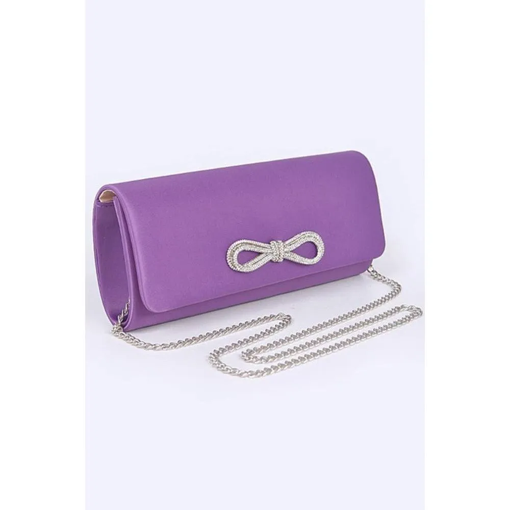 FASHNZFAB Rhinestone Bow Satin Clutch Bag