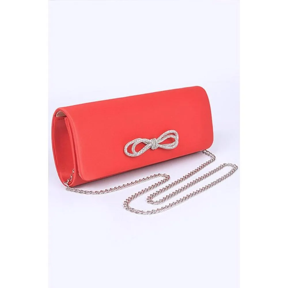 FASHNZFAB Rhinestone Bow Satin Clutch Bag