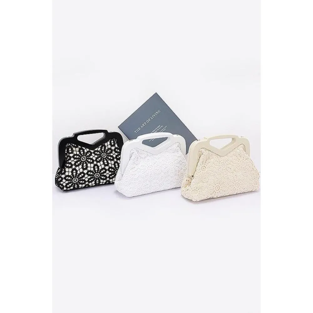 FASHNZFAB Wooden Frame Crochet Flower Top Handle Clutch
