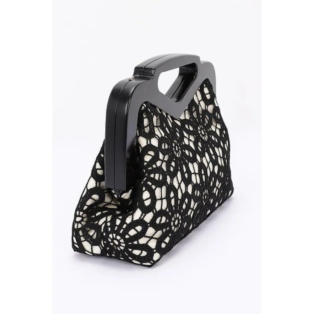 FASHNZFAB Wooden Frame Crochet Flower Top Handle Clutch