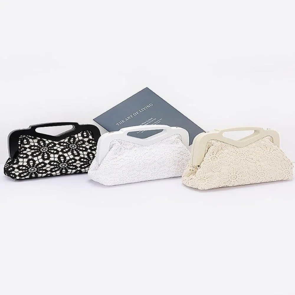 FASHNZFAB Wooden Frame Crochet Flower Top Handle Clutch