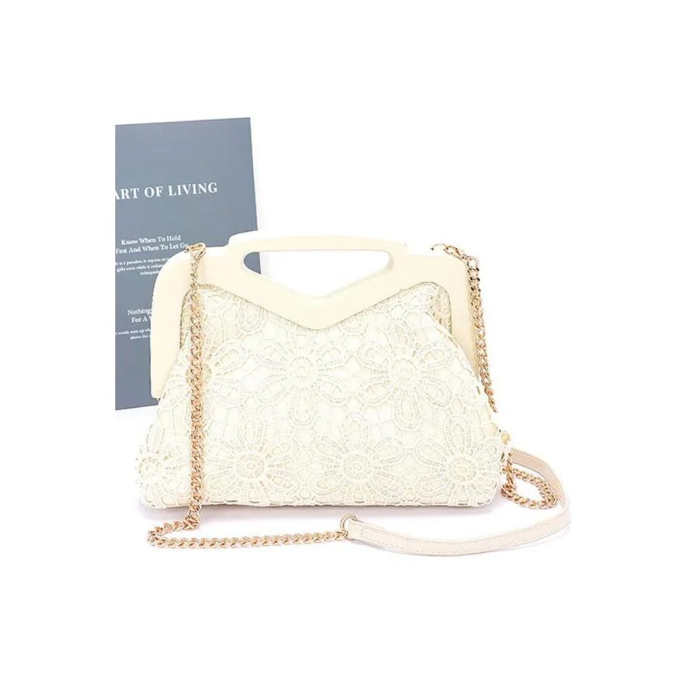FASHNZFAB Wooden Frame Crochet Flower Top Handle Clutch