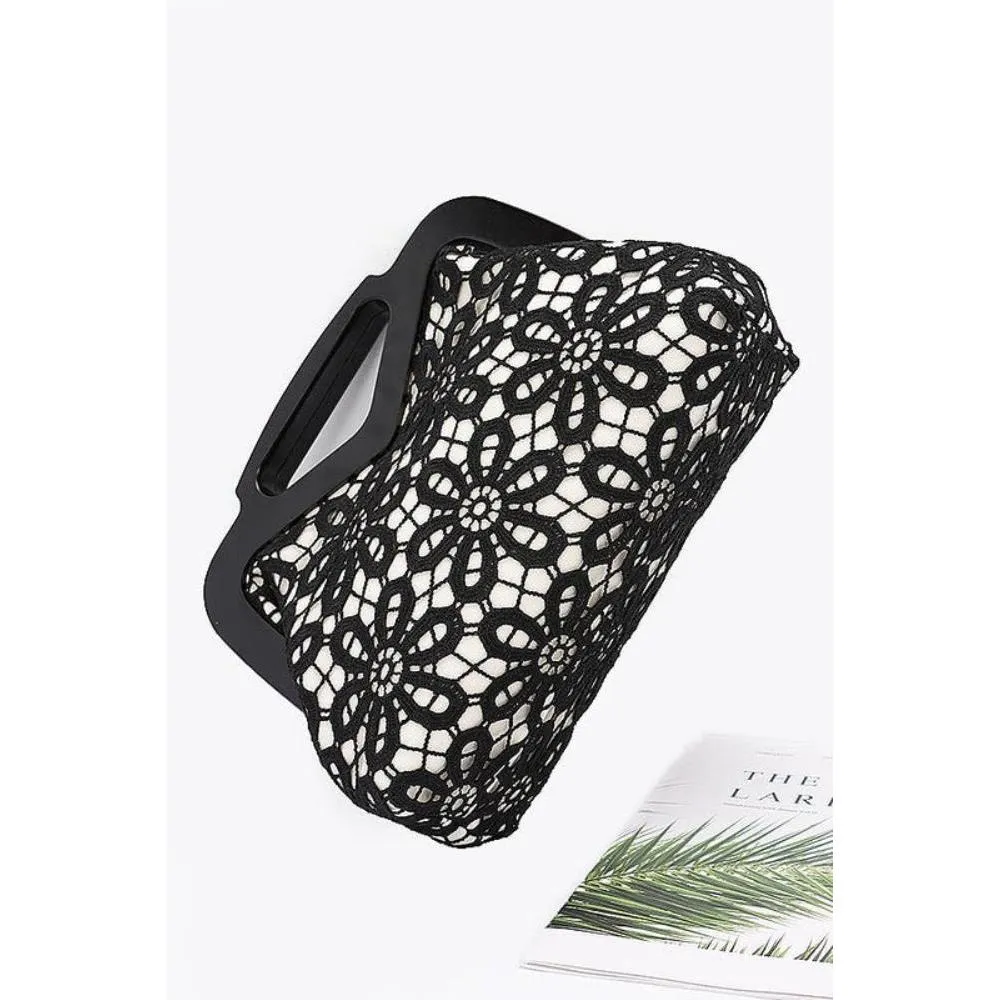 FASHNZFAB Wooden Frame Crochet Flower Top Handle Clutch