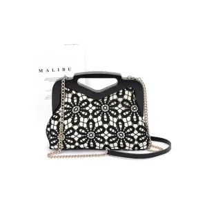 FASHNZFAB Wooden Frame Crochet Flower Top Handle Clutch