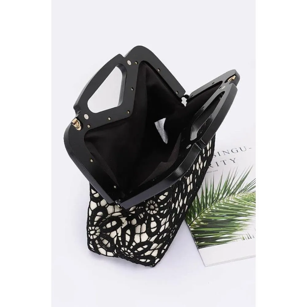 FASHNZFAB Wooden Frame Crochet Flower Top Handle Clutch