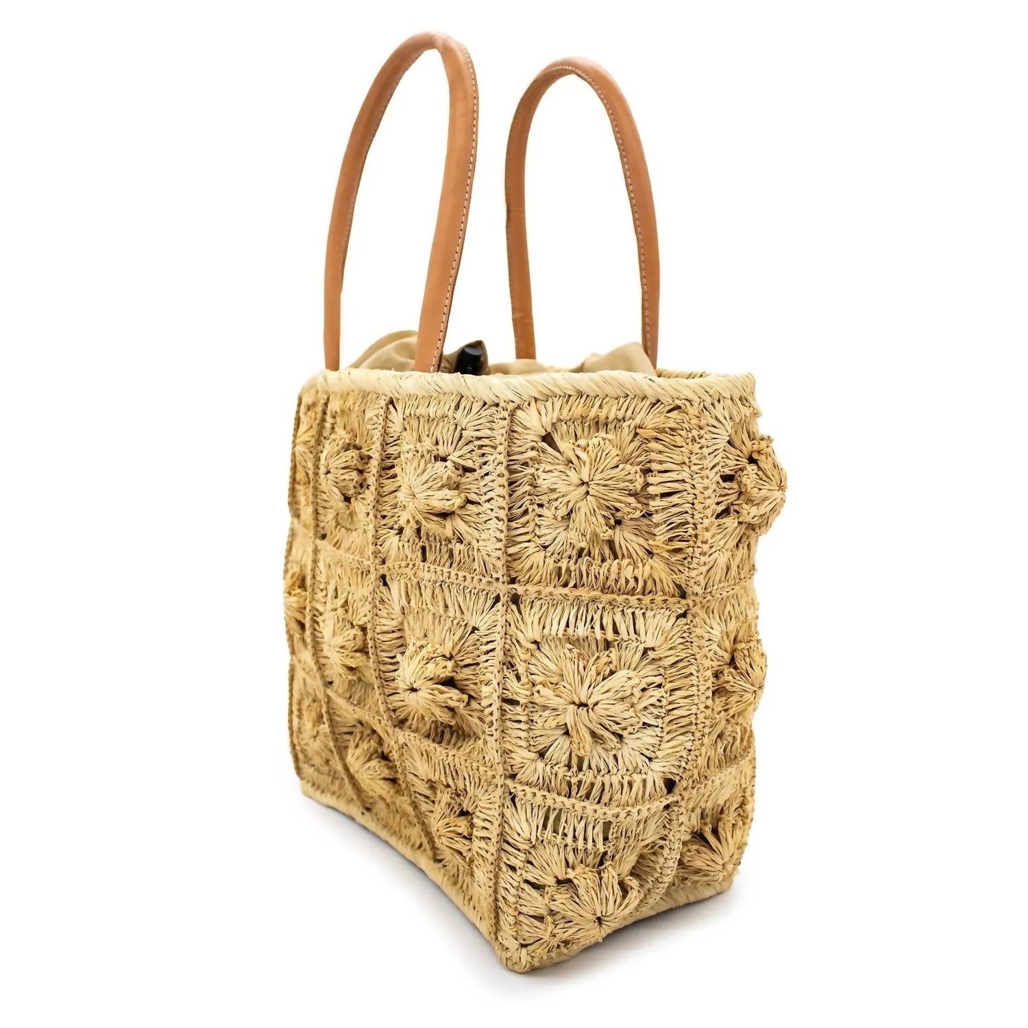 Flower Crochet Straw Basket Bag In Brown