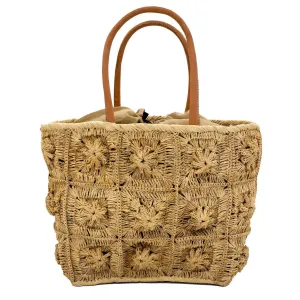 Flower Crochet Straw Basket Bag In Brown
