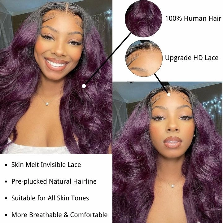 Funky Colored Wigs | Smokey Deep Purple 13x4 Lace Front Body Wave Wig With Black Roots Ombre Colored  HD Lace Human Hair Wigs-Geeta Hair