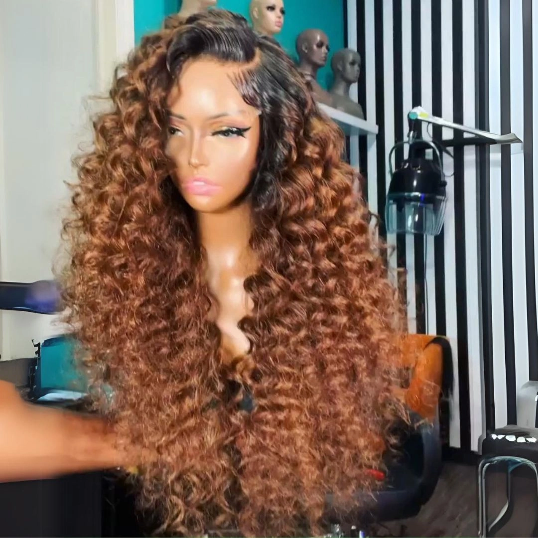 Geeta Caramel Brown Wand Curly 13x4 Lace Front Wig With Dark Root Wig Ombre Color HD Lace Human Hair Wigs