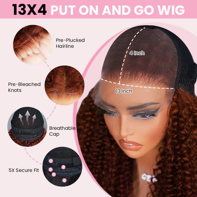 Geeta Reddish Brown 13x4 Lace Frontal Glueless Kinky Curly Invisi Drawstring Put On And Go Colored Wig