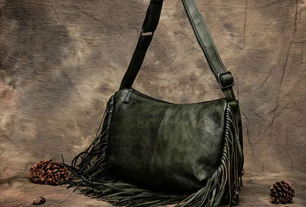 Genuine Handmade Tassels Vintage Leather Crossbody Bag Shoulder Bag Women Leather Purse
