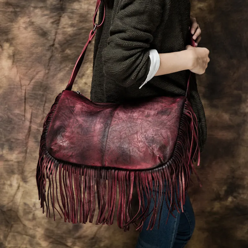 Genuine Handmade Tassels Vintage Leather Crossbody Bag Shoulder Bag Women Leather Purse