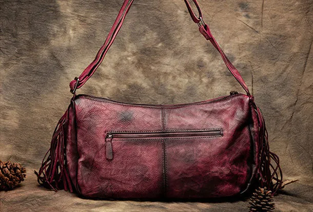 Genuine Handmade Tassels Vintage Leather Crossbody Bag Shoulder Bag Women Leather Purse
