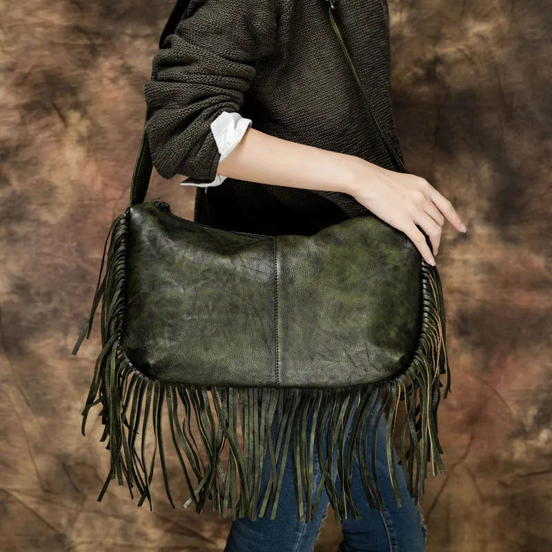 Genuine Handmade Tassels Vintage Leather Crossbody Bag Shoulder Bag Women Leather Purse
