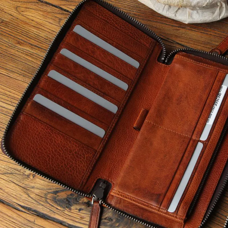 Genuine Leather Mens Cool Long Leather Wallet Biker Wallet Zipper Clutch Wristlet Wallet for Men