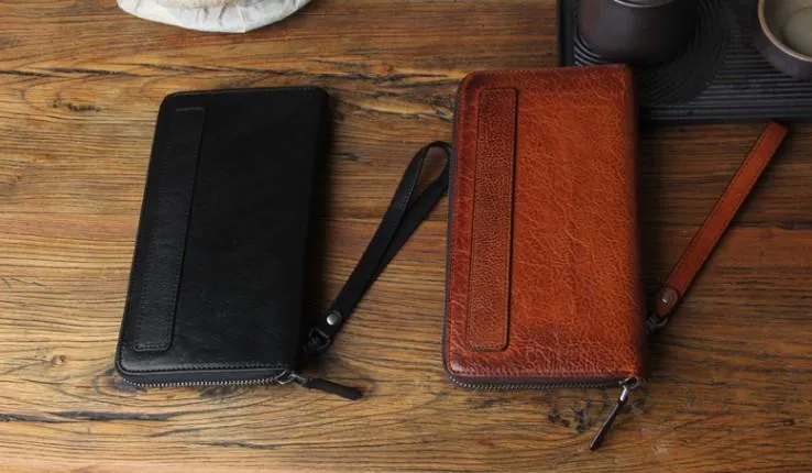 Genuine Leather Mens Cool Long Leather Wallet Biker Wallet Zipper Clutch Wristlet Wallet for Men