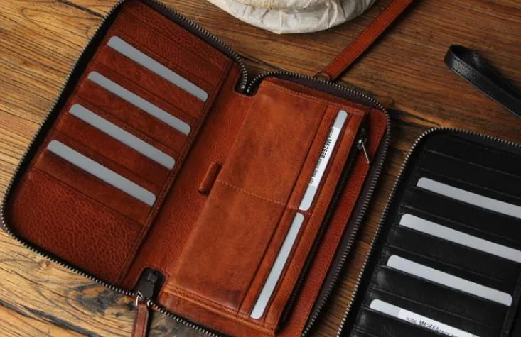 Genuine Leather Mens Cool Long Leather Wallet Biker Wallet Zipper Clutch Wristlet Wallet for Men