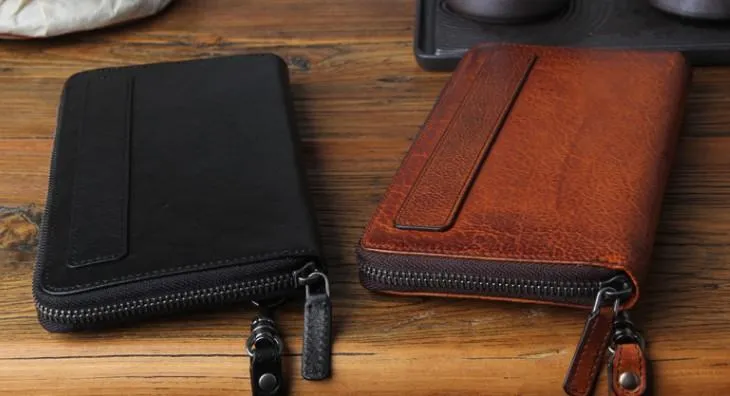 Genuine Leather Mens Cool Long Leather Wallet Biker Wallet Zipper Clutch Wristlet Wallet for Men