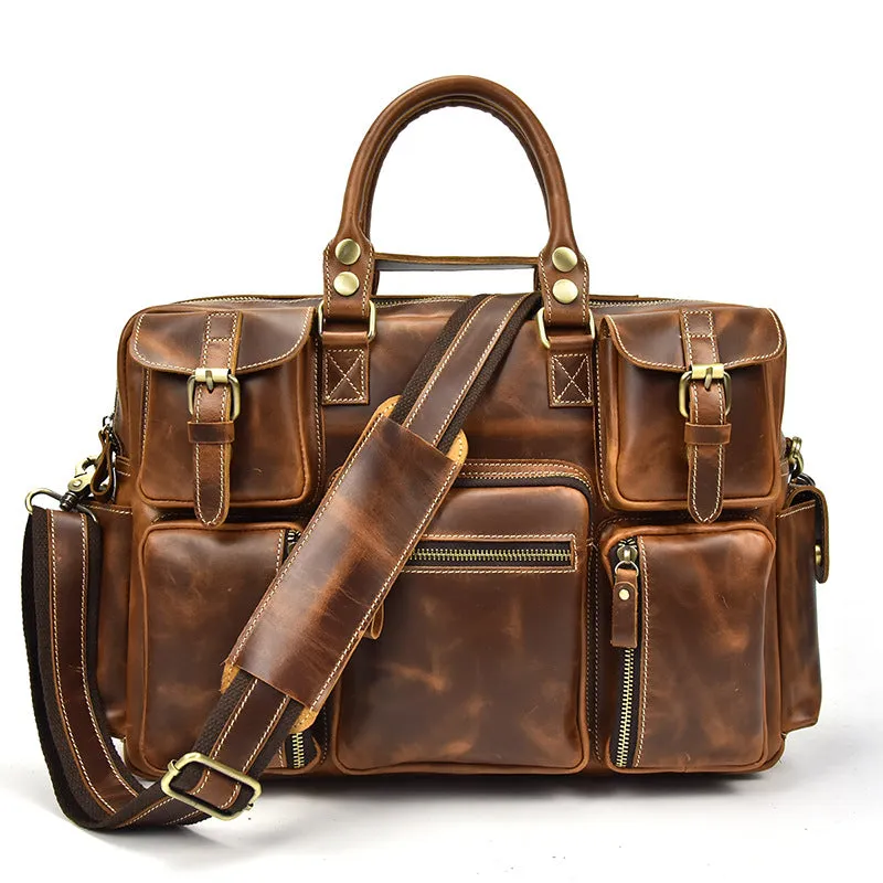 Genuine Leather Mens Vintage Brown Cool Weekender Bag Large Travel Bag Briefcase for men