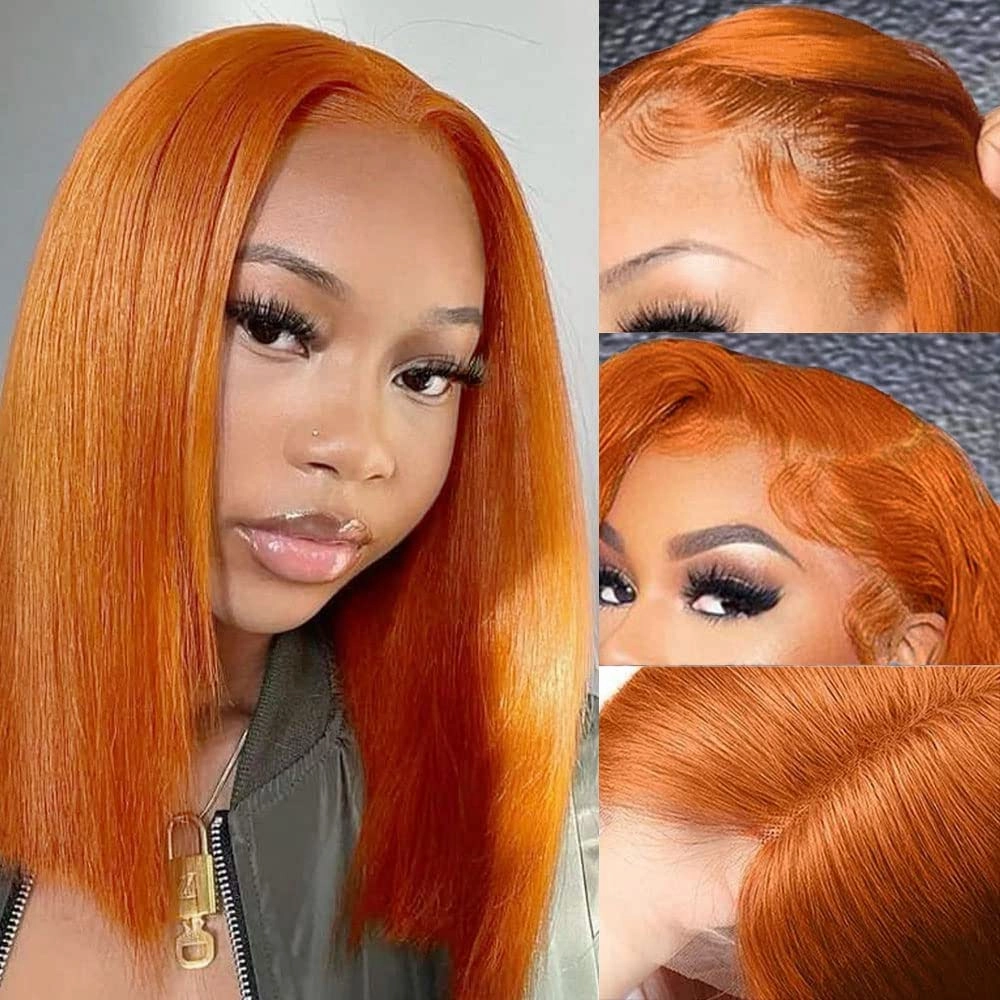Ginger Orange Color Wig Real HD Lace Front Straight Bob Wig Brazilian Human Hair
